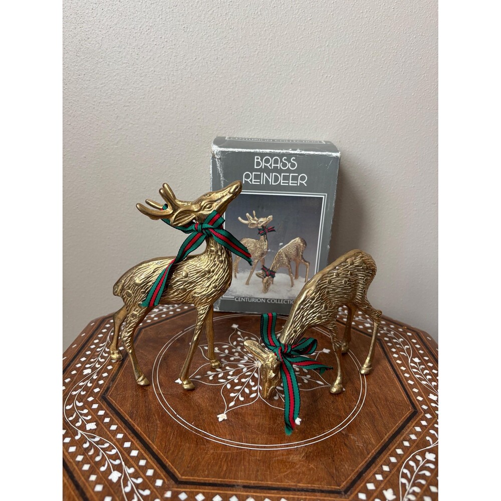 Vintage Pair Of Spotted Solid Brass Reindeer Figurines Buck And Doe Centurion Co